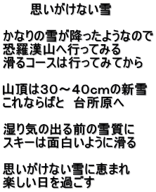 　　　思いがけない雪  かなりの雪が降ったようなので 恐羅漢山へ行ってみる 滑るコースは行ってみてから  山頂は３０～４０ｃｍの新雪 これならばと　台所原へ  湿り気の出る前の雪質に スキーは面白いように滑る  思いがけない雪に恵まれ 楽しい日を過ごす